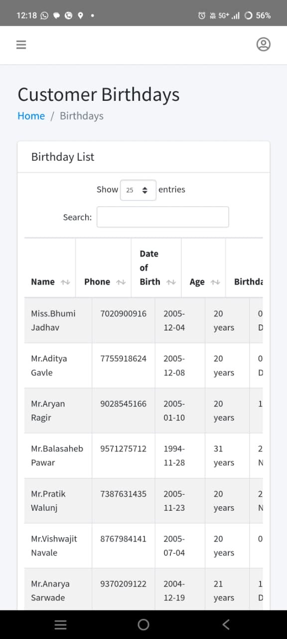 Mess Management App Birthday List