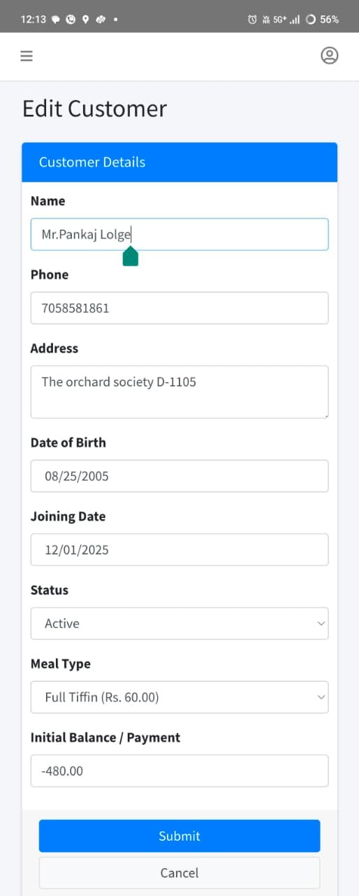 Mess Management App Edit Customers